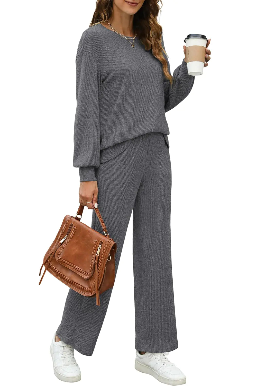 WIHOLL Womens Sweatsuits Sets Long Sleeve Crewneck Top Wide Leg Pants Two Piece Outfits Dark Gray Small