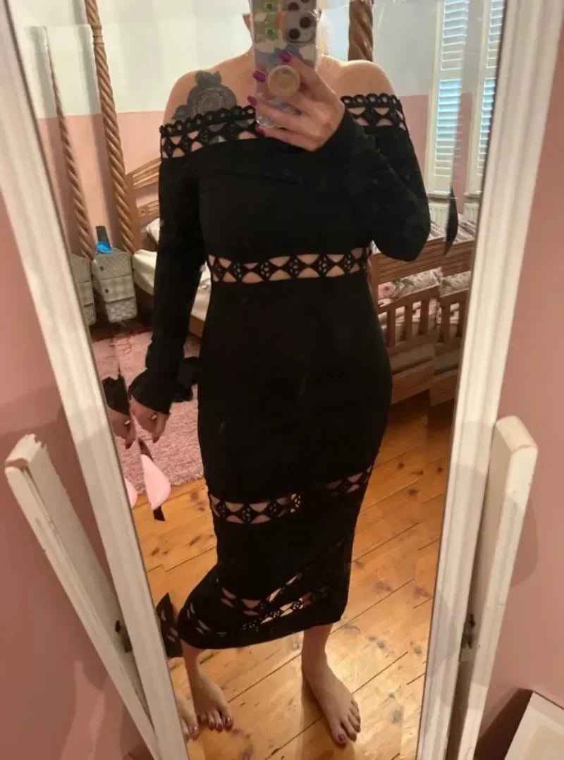 Black Lace Off-Shoulder Long Sleeve Midi Dress