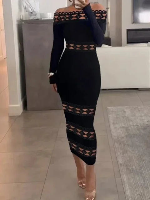 Black Lace Off-Shoulder Long Sleeve Midi Dress