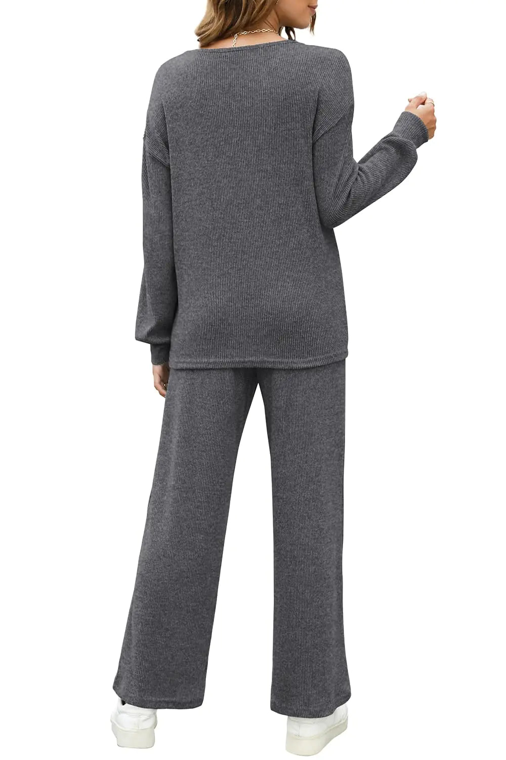 WIHOLL Womens Sweatsuits Sets Long Sleeve Crewneck Top Wide Leg Pants Two Piece Outfits Dark Gray Small