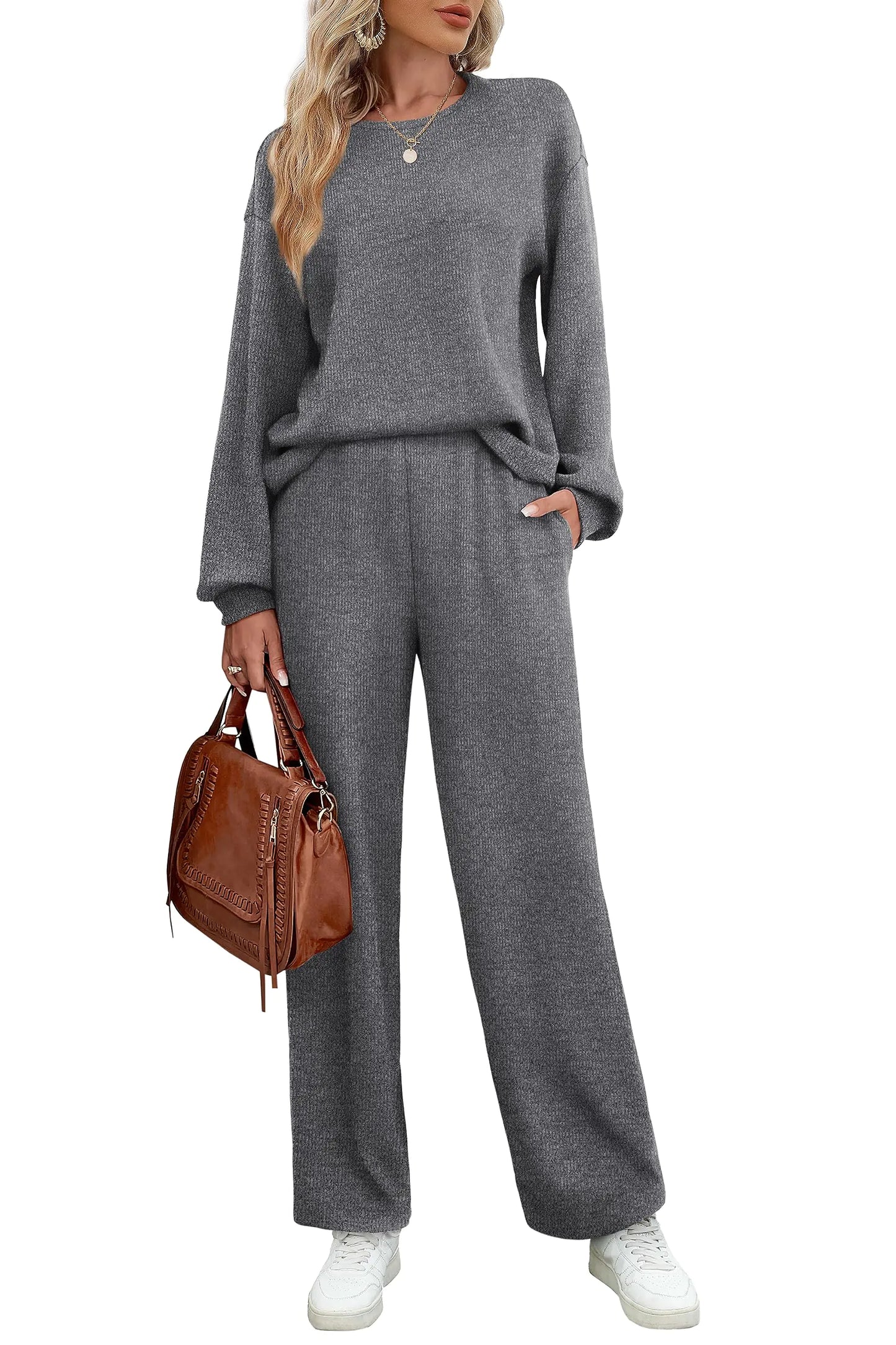 WIHOLL Womens Sweatsuits Sets Long Sleeve Crewneck Top Wide Leg Pants Two Piece Outfits Dark Gray Small