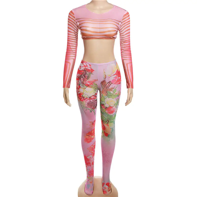 Leighton Floral Print Mesh Legging Pant Set