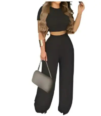 Two Piece Sets Elegant Print Short Sleeve Shirt Pullover + Wide Leg Pants Suits