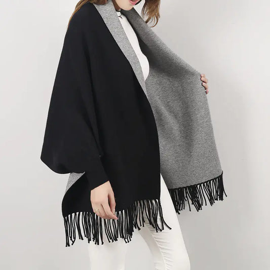 Win Win Winter Reversible Poncho With Fringes