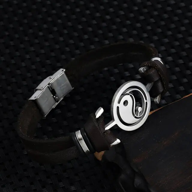 2021 Fashion Jewelry Stainless Steel Tai Chi Yin Yang Fish Leather Bracelet