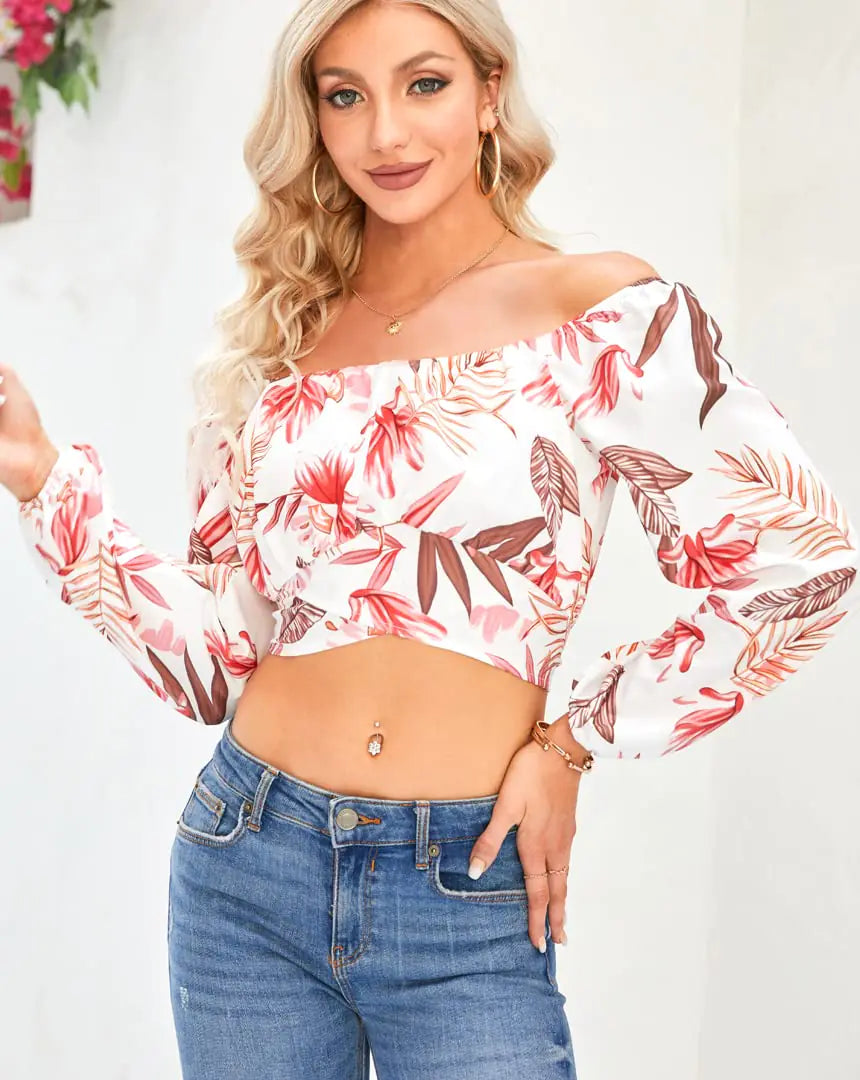 MIRACMODA Woman Off Shoulder Ruched Tie Back Crop Top Summer Lantern Sleeve Boho Shirt Blouse Large Leaves