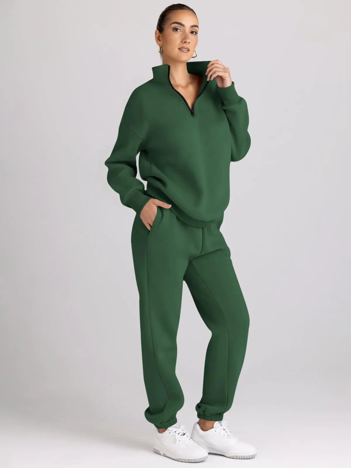 AUTOMET Womens 2 Piece Outfits Long Sleeve Sweatsuits Sets Half Zip Sweatshirts with Joggers Sweatpants Xmasgreen Large