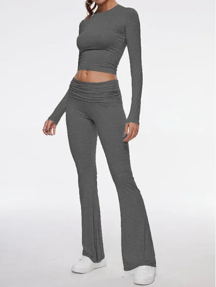 Women's Round Neck Bell-Bottom Pants Suit