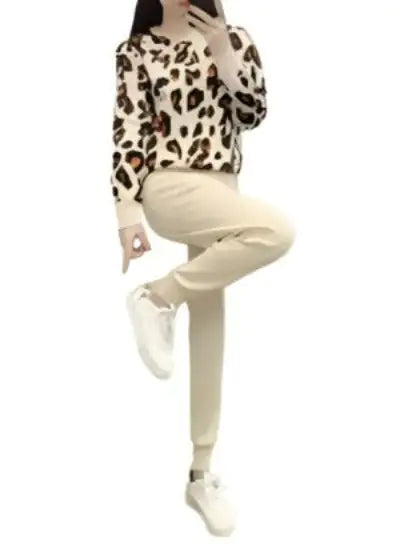 Two-piece Casual Knitted Long-sleeved Pants Printed Beaded Pullover + Double Pocket Lace Pants