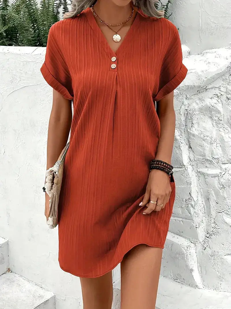 Elegant Two Buttons V-Neck Pullover Dress