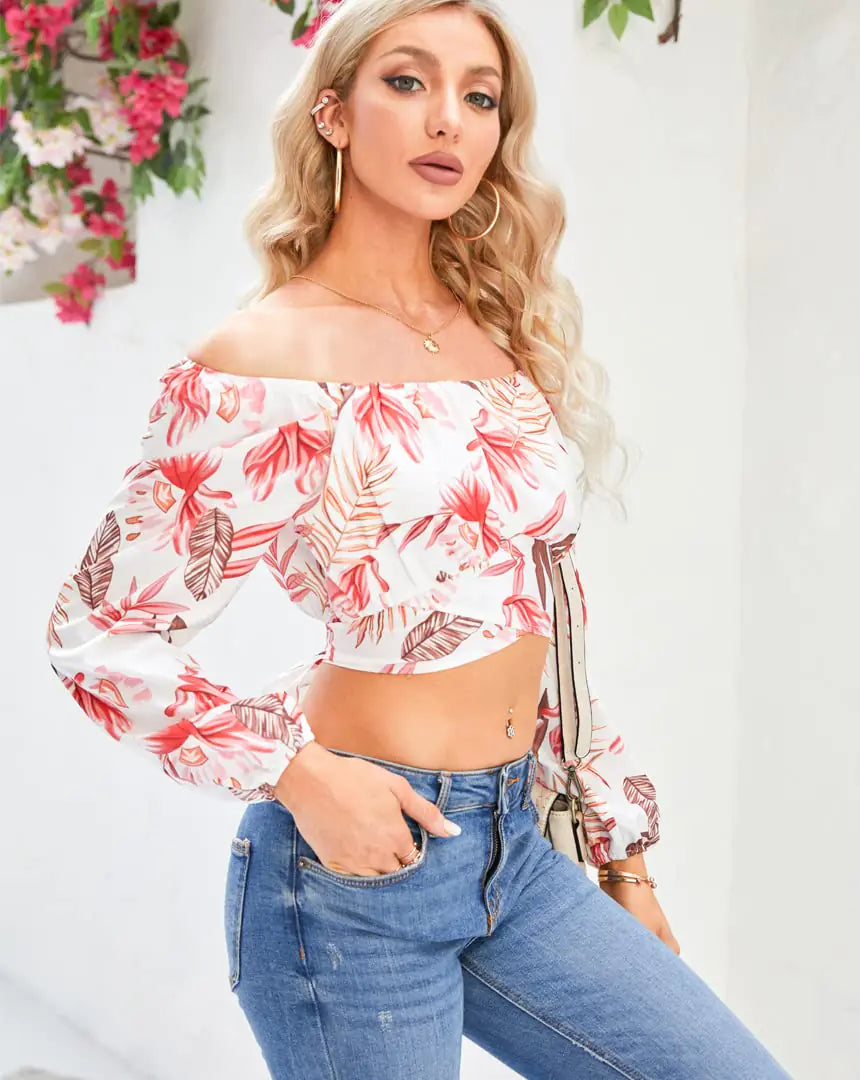 MIRACMODA Woman Off Shoulder Ruched Tie Back Crop Top Summer Lantern Sleeve Boho Shirt Blouse Large Leaves