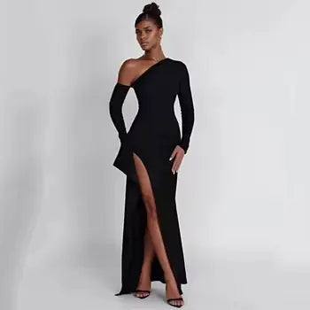 Slant Off-Shoulder High-Slit Evening Dress