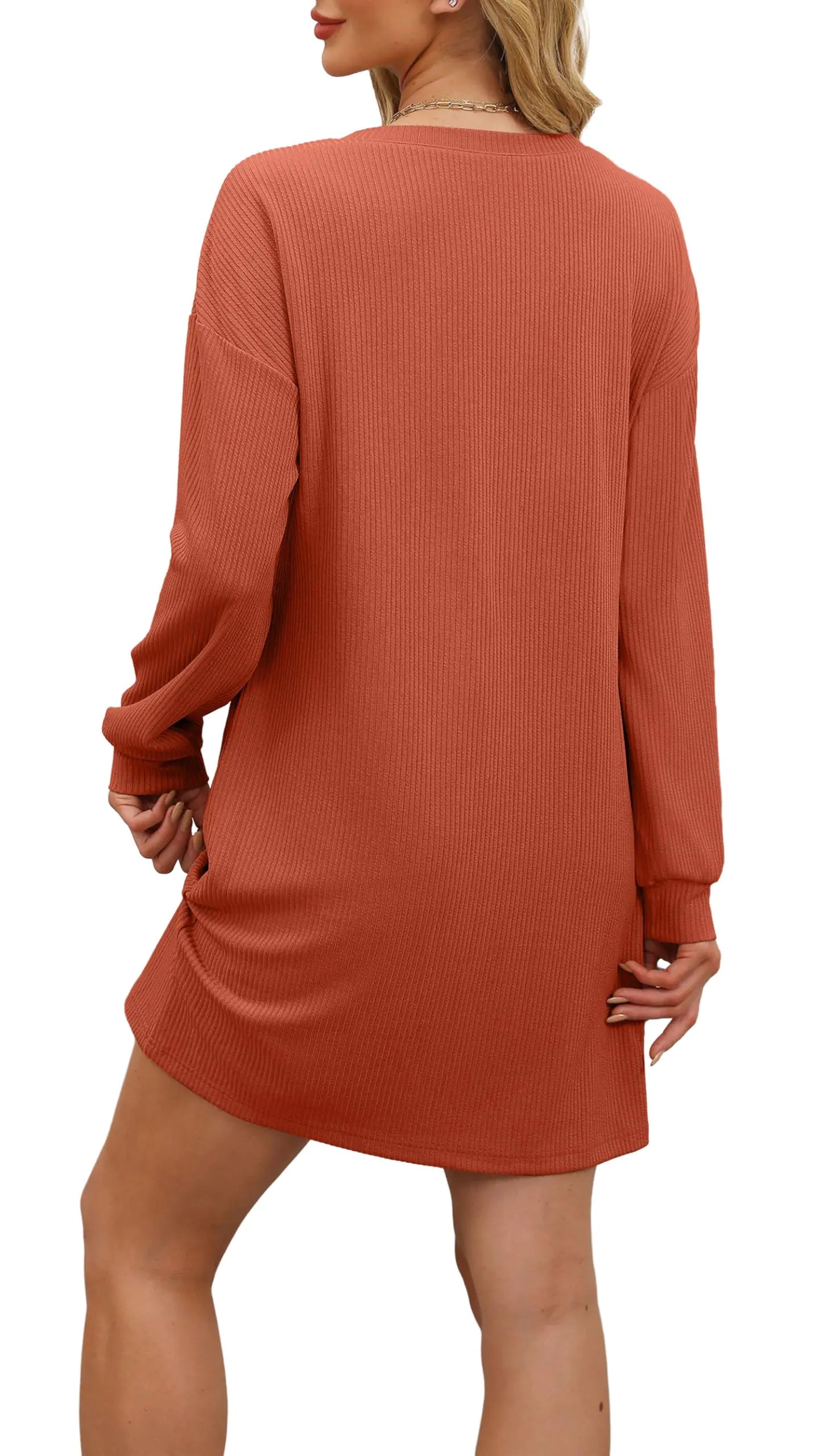 WIHOLL Womens Long Sleeve Dress Loose Fit Casual Crewneck Flowy Mini Dresses with Pockets Fall Fashion 2024 Caramel Large