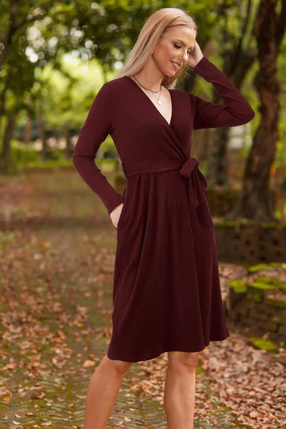 Newshows Womens 2024 Fall Sweater Dress Long Sleeve Business Casual Outfits V Neck Ribbed Knit Belt Trendy with Pockets Wine Red Large