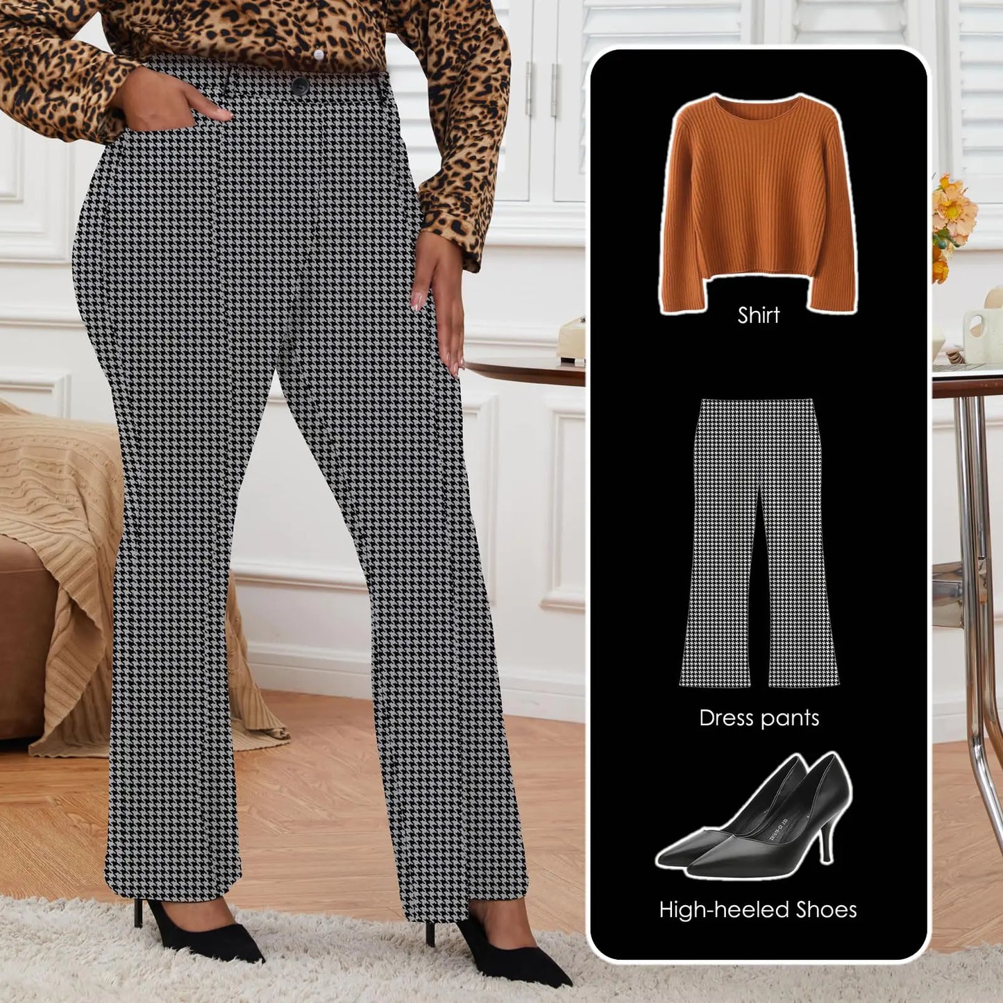 Wrinkle-Free Stretch Dress Pants Plus Size for Women Pull-on Pant Ease into Comfort Office Pant Regular XX-Large Houndstooth