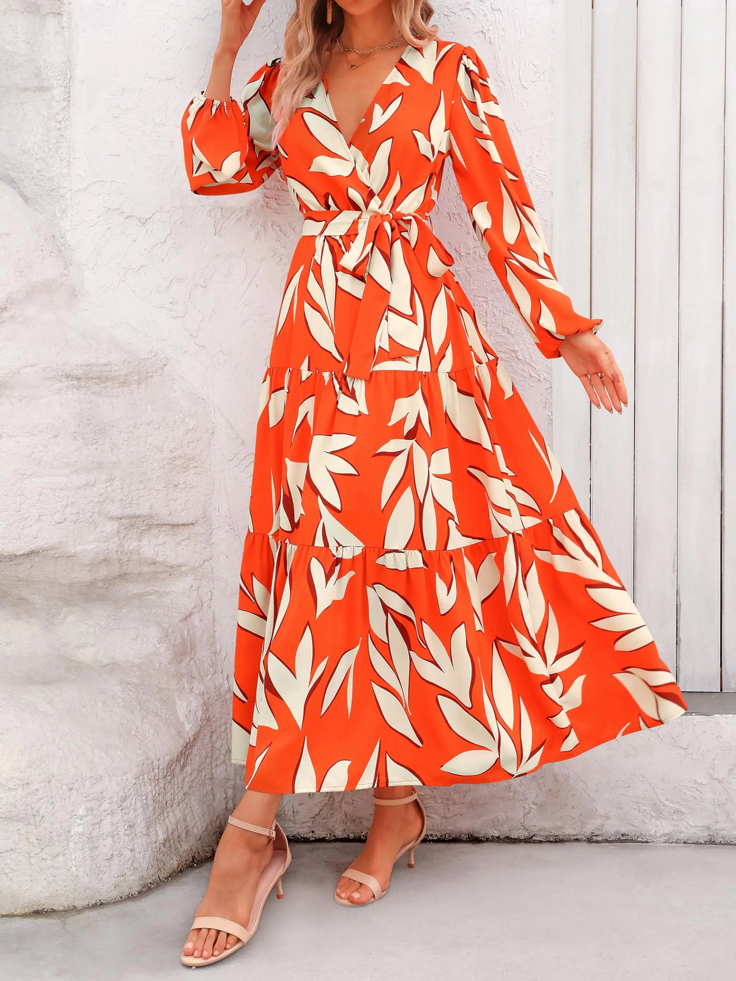 PRETTYGARDEN Womens Fall Long Sleeve Wrap V Neck Ruffle Floral Maxi Dress Casual Tie Waist Boho Chiffon Flowy Long Dresses XX-Large F-orange White