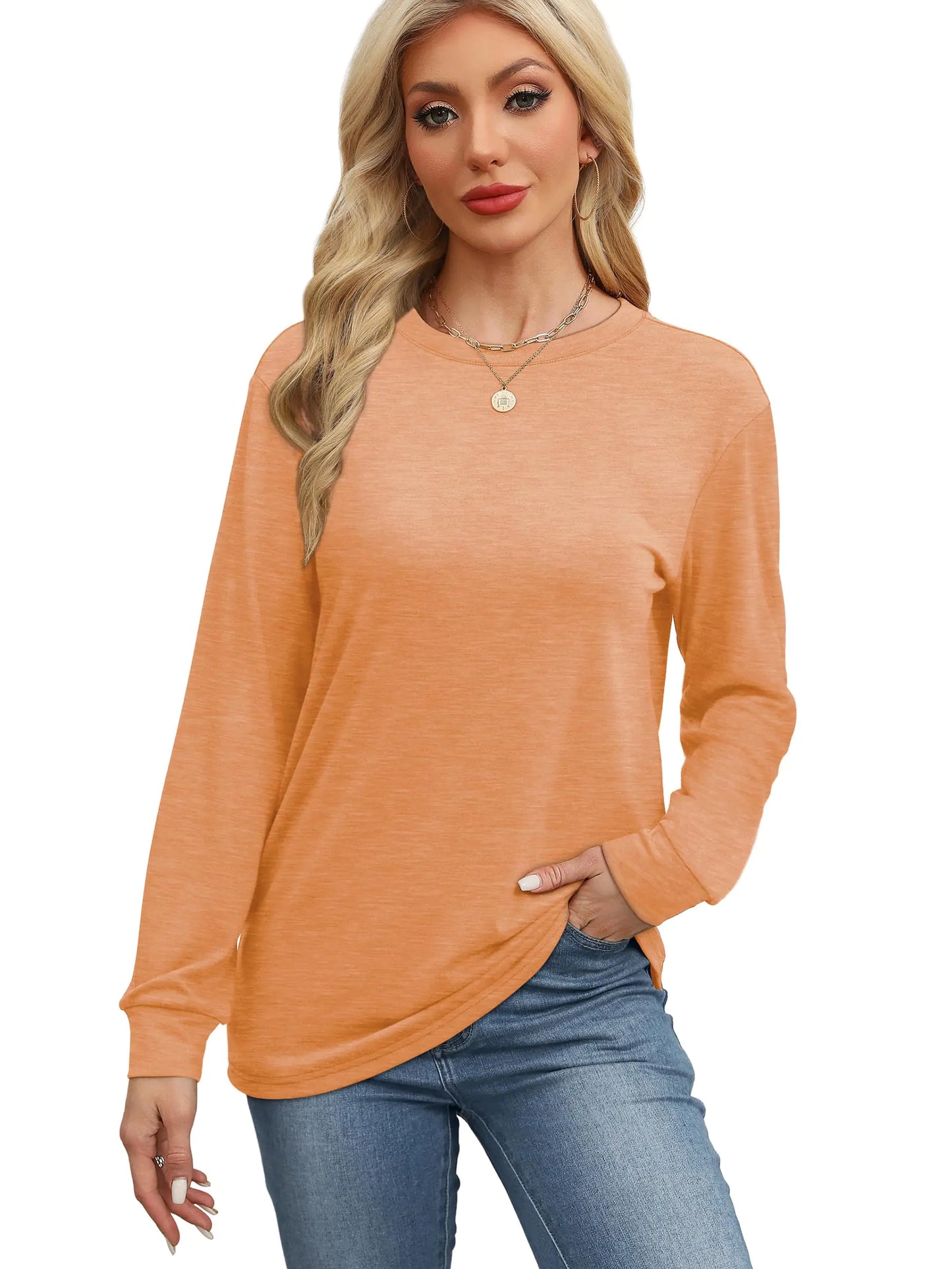 WIHOLL Womens Long Sleeve Shirts Loose Fits Fall Outfits Basic Casual Tunic Tops Crewneck Clothes Orange Large