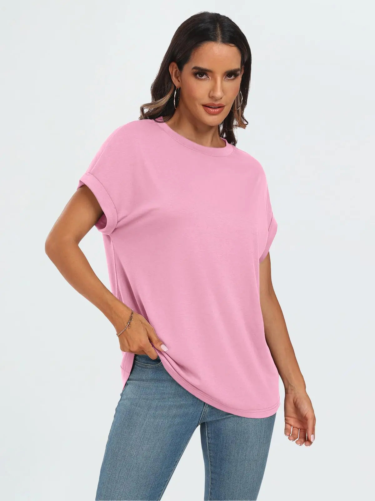 AUTOMET Women Tops Casual Basic T Shirts Loose Fit Crewneck Short Sleeve Summer Outfits Pink Small