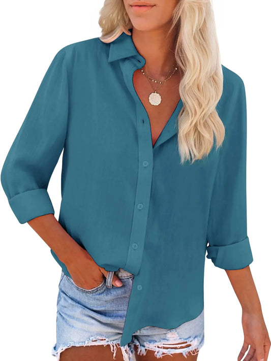 siliteelon Button Down Shirts for Women Dress Shirts Long Sleeve Wrinkle-Free Blouse Casual Solid Office Work Tunic Top Large H-blue02