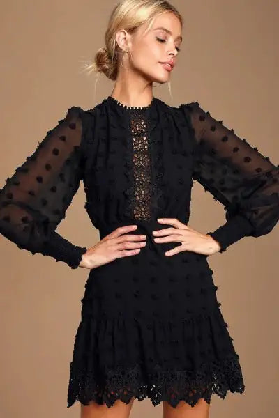 Love Black Embroidered Lace Long Sleeve Dress