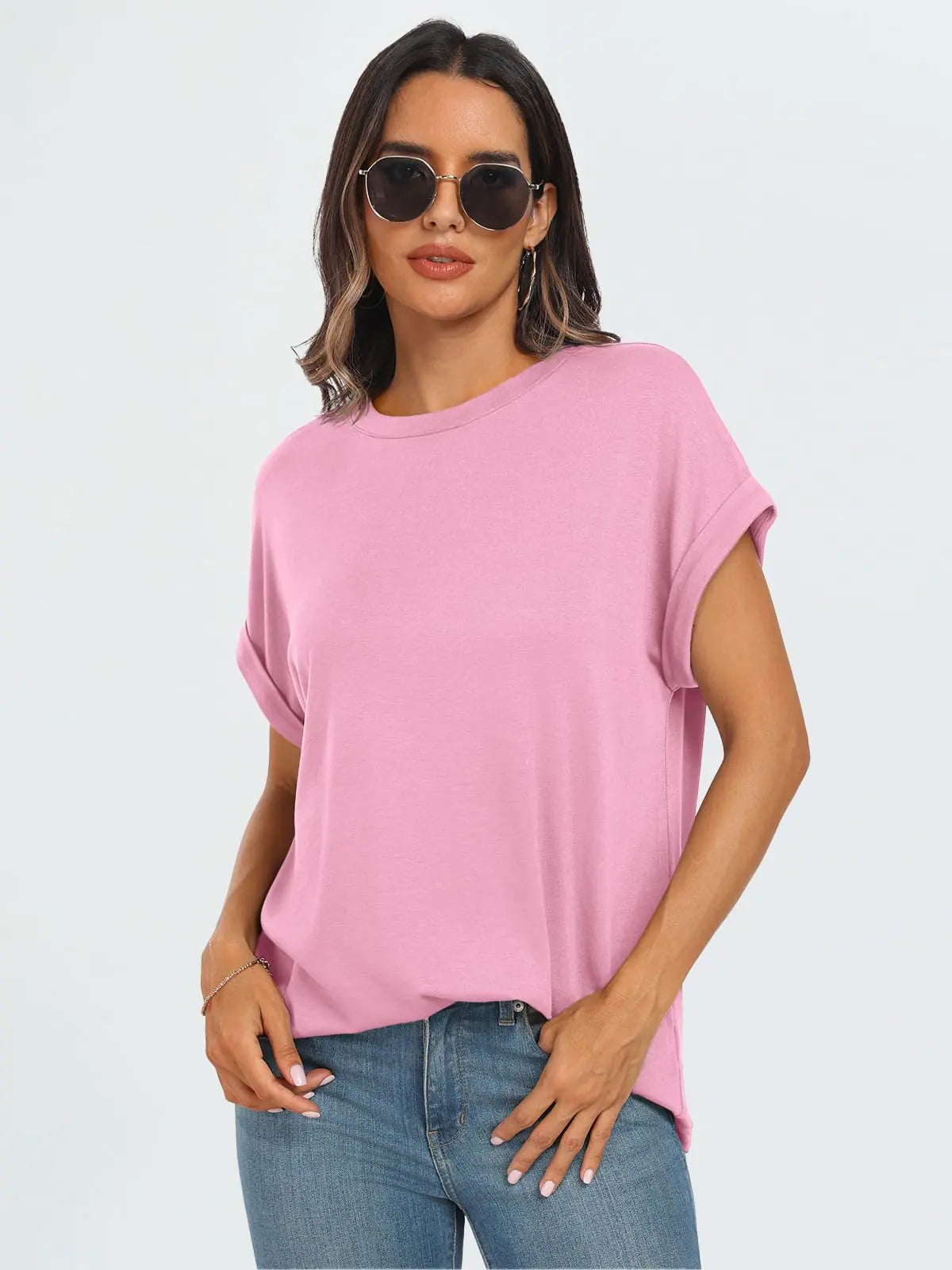 AUTOMET Women Tops Casual Basic T Shirts Loose Fit Crewneck Short Sleeve Summer Outfits Pink Small