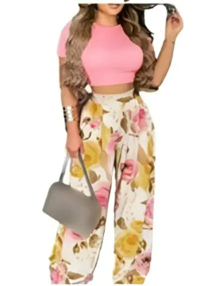 Two Piece Sets Elegant Print Short Sleeve Shirt Pullover + Wide Leg Pants Suits